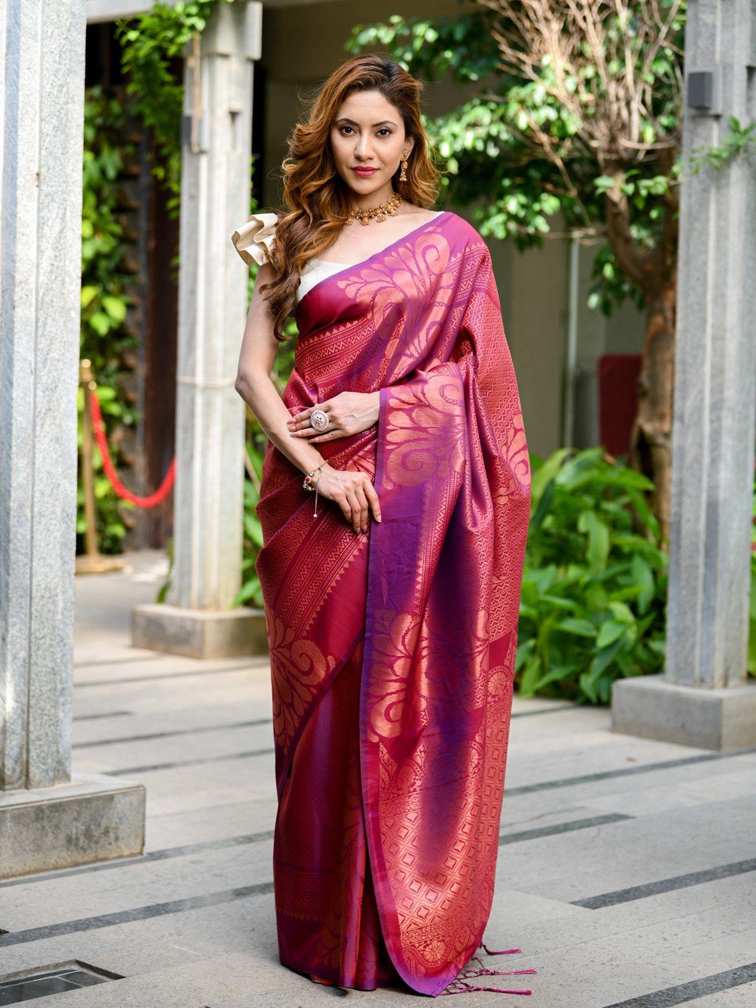 purple banarasi saree with unstitched blouse