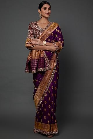 purple banarasi scalloped saree set