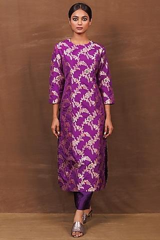 purple banarasi silk handwoven kurta set