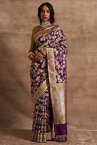purple banarasi silk saree set