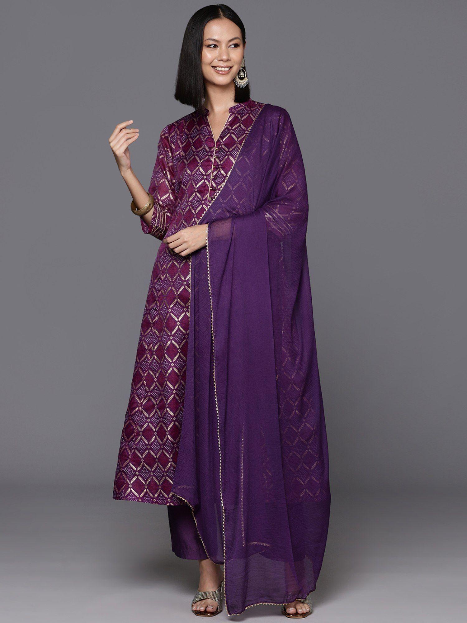 purple bandhani printed anarkali kurta with pant & dupatta (set of 3)