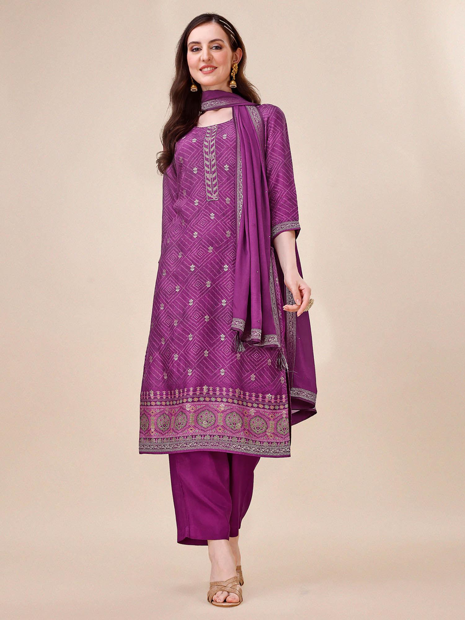 purple bandhani printed jacquard design kurta with trouser and dupatta (set of 3)