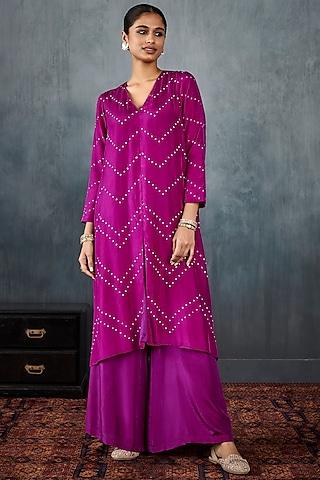 purple bandhani printed kurta set