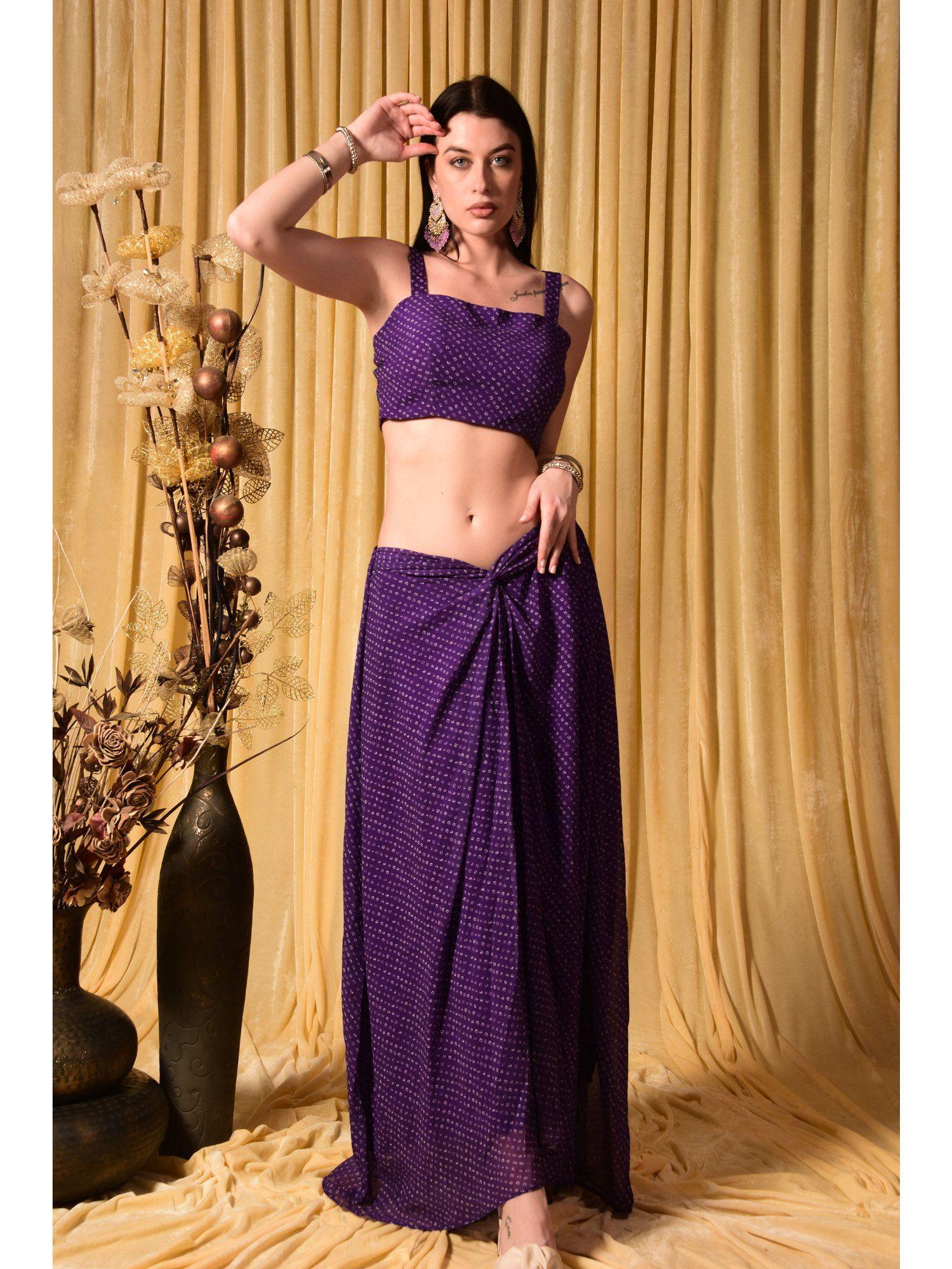 purple bandhini printed crop top with skirt (set of 2)