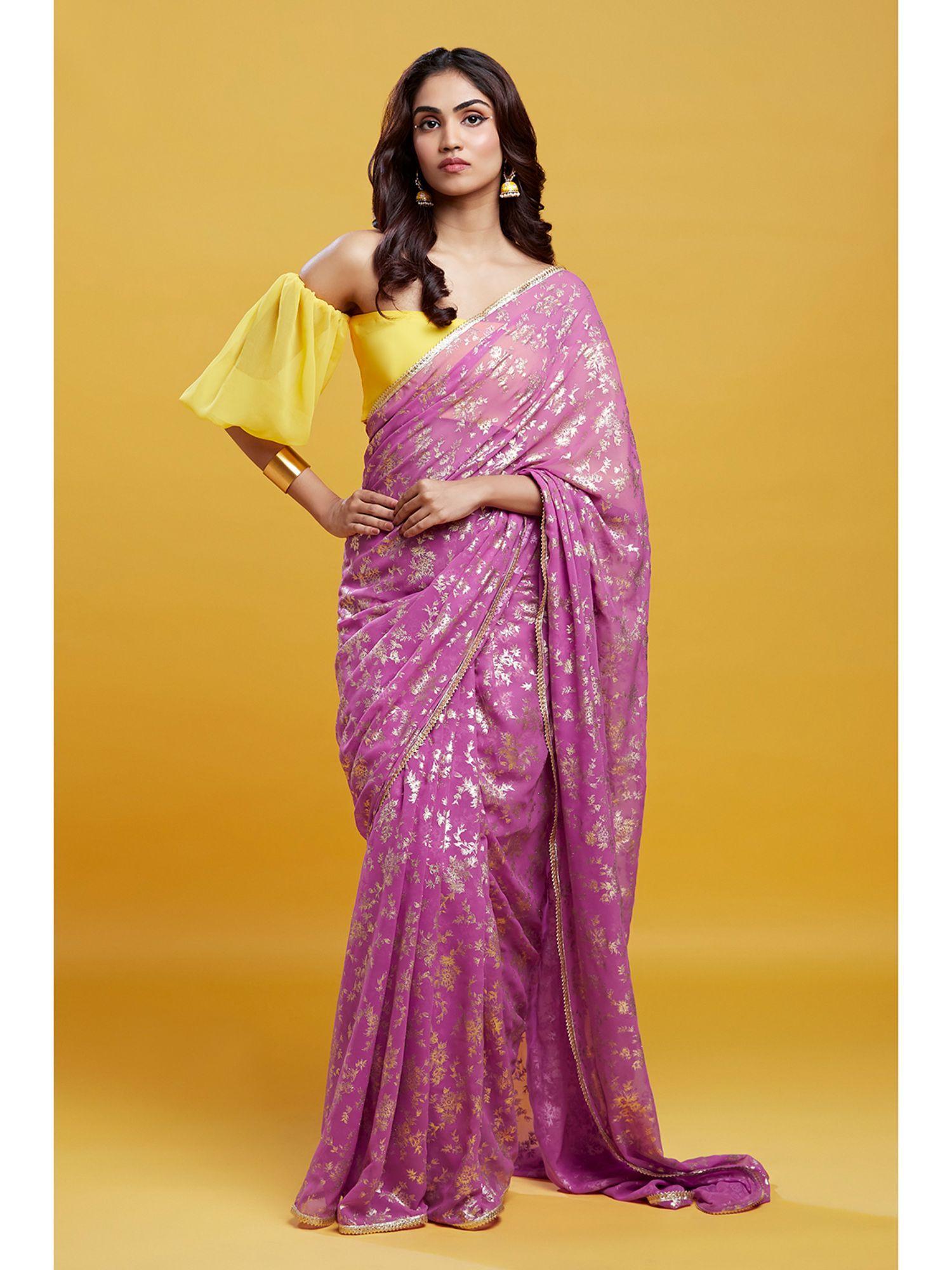 purple barfi saree with stitched blouse