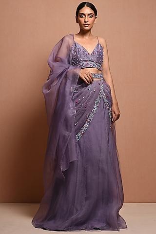 purple beads embellished saree gown set