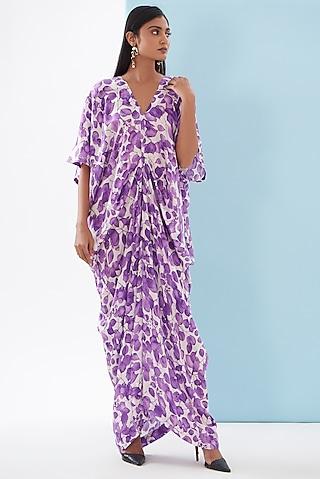 purple bemberg satin printed draped dress