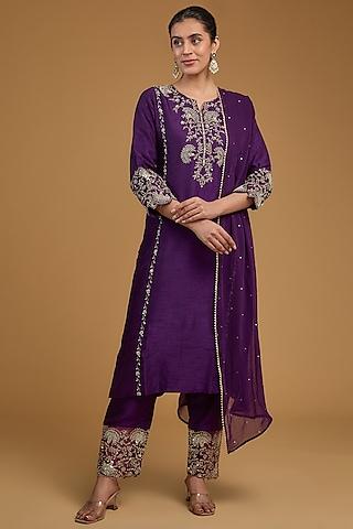 purple bemberg silk sequins embroidered kurta set