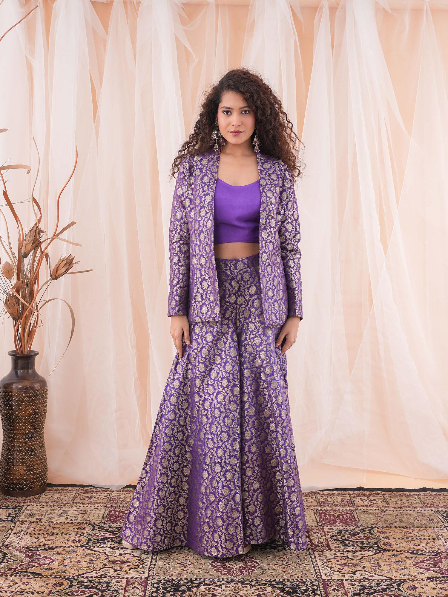purple blazer with attached lining sharara and bustier (set of 3)