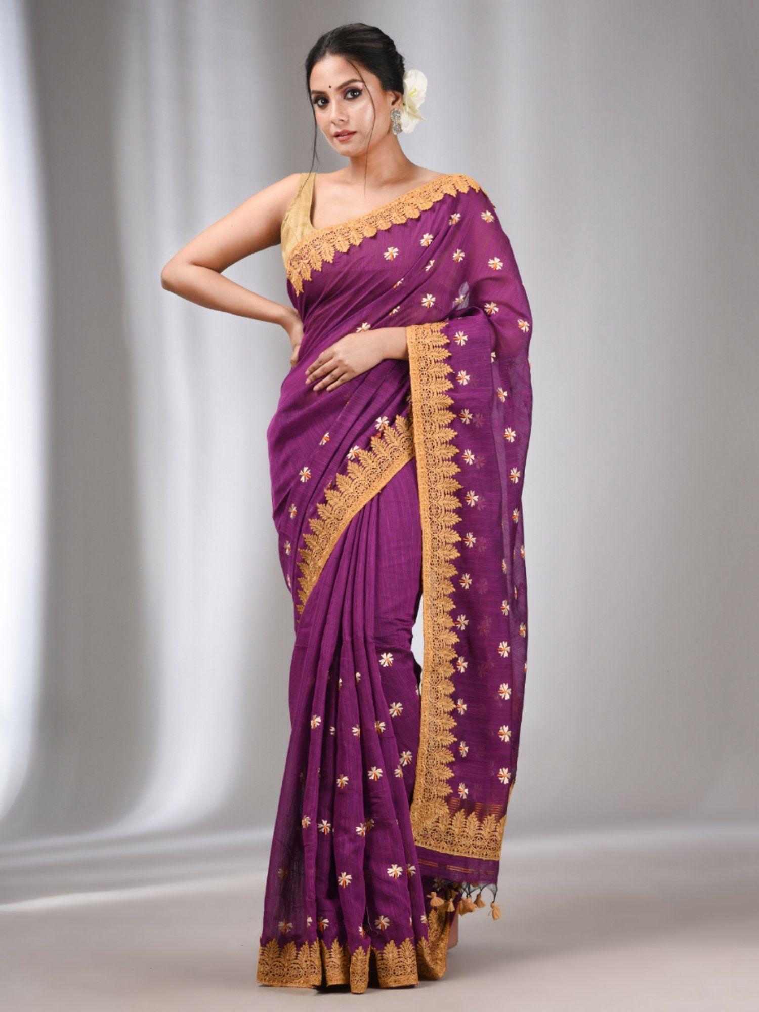 purple blended cotton handwoven saree with flower motifs with unstitched blouse