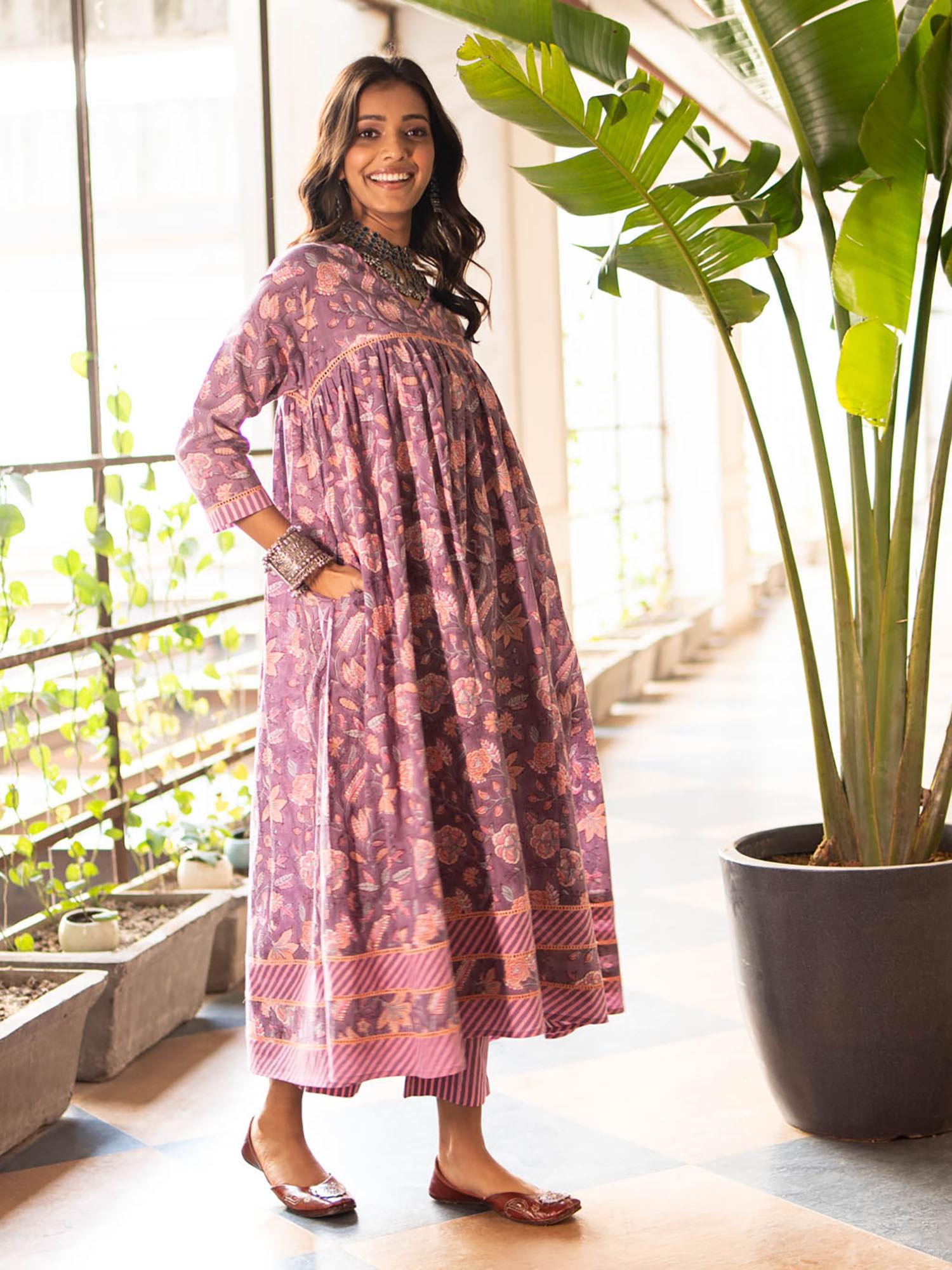 purple block printed anarkali kurta with hem details