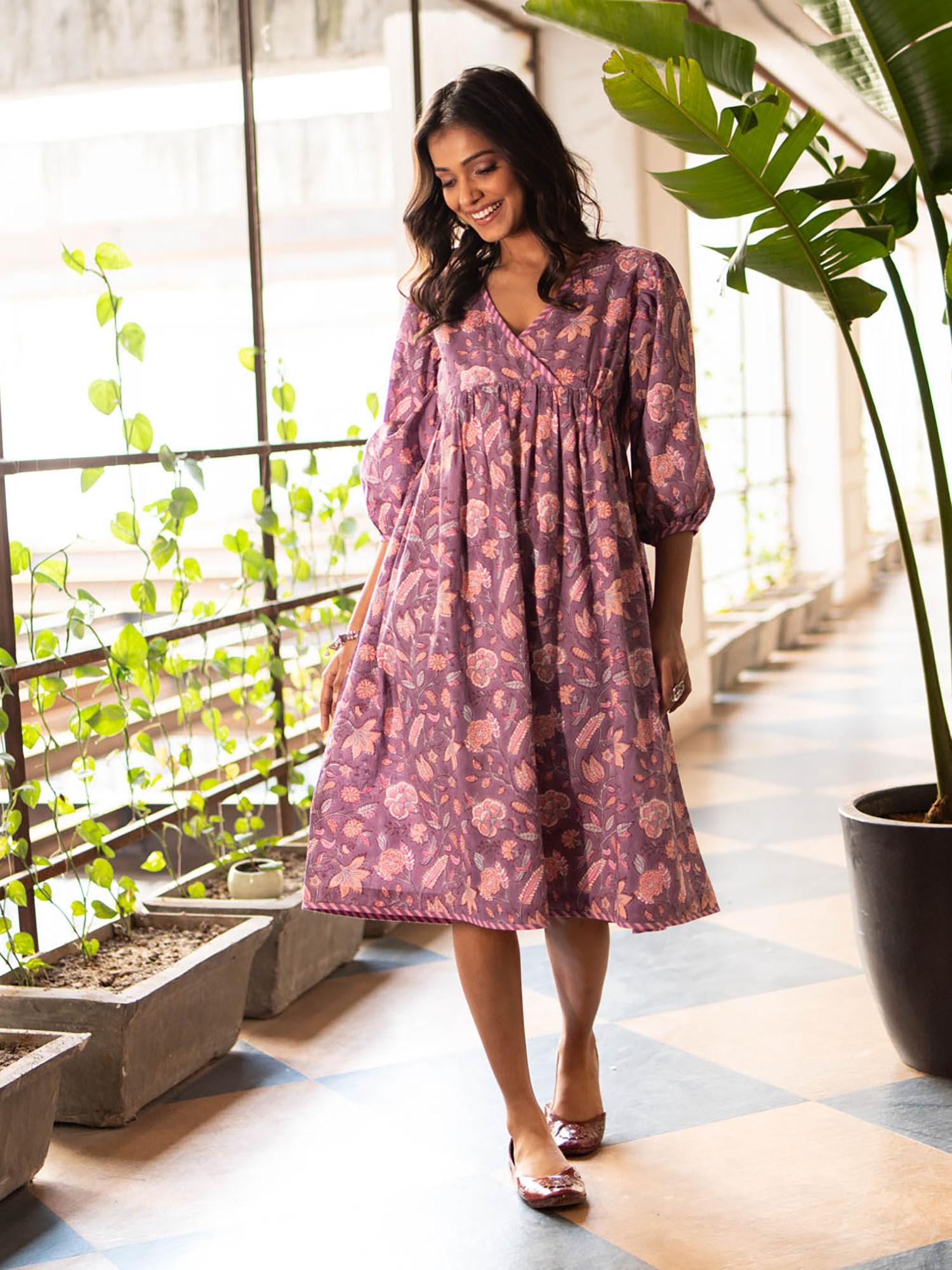 purple block printed fit and flare midi dress