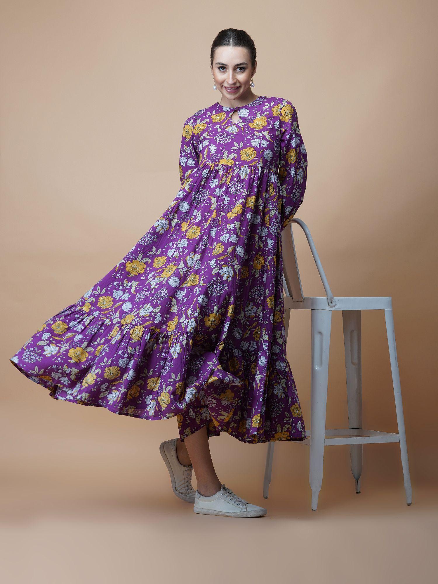 purple block printed round neck maxi dress with tired bottom & gather