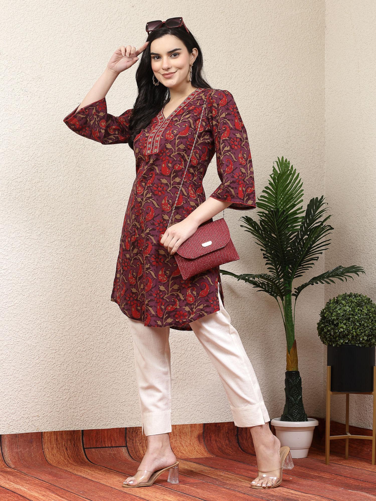 purple blooms of traditional red floral jaal kurti