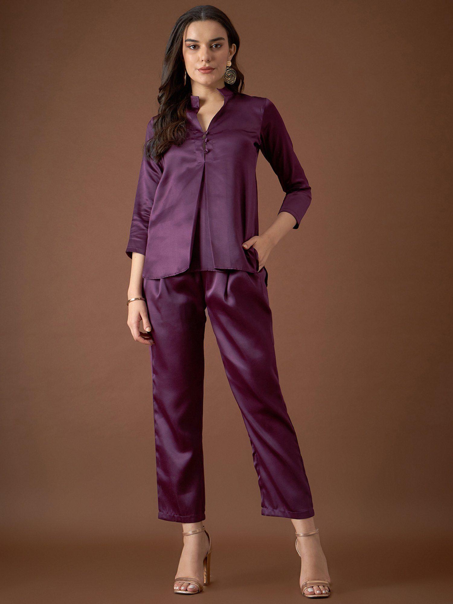 purple box pleat shirt with pants (set of 2)