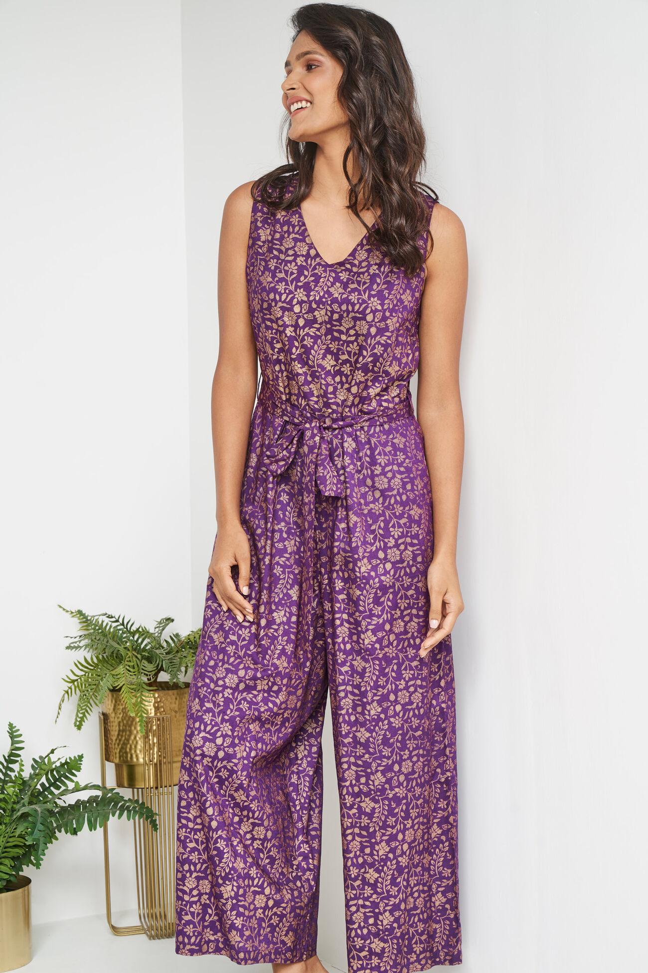 purple brocade straight concealed zip jump suit