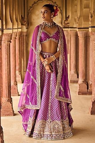 purple brocade thread embroidered lehenga set