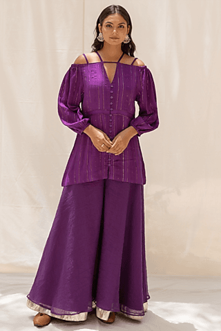 purple chanderi blend short kurta set