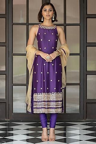 purple chanderi embellished kurta set