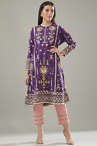 purple chanderi embroidered kurta set