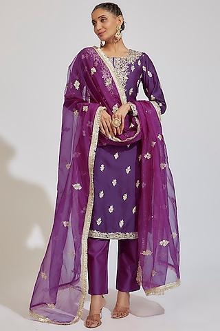 purple chanderi embroidered kurta set