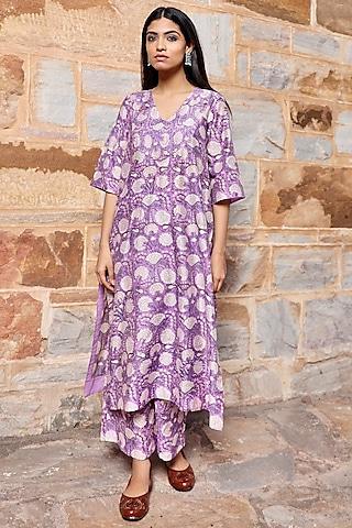 purple chanderi hand block floral printed kurta set