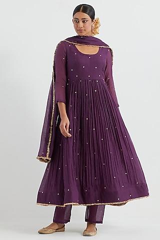 purple chanderi hand embroidered anarkali set