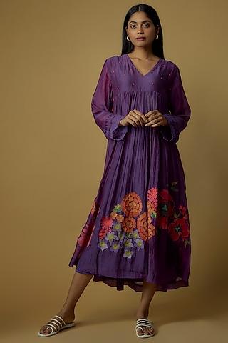 purple chanderi hand embroidered flared dress