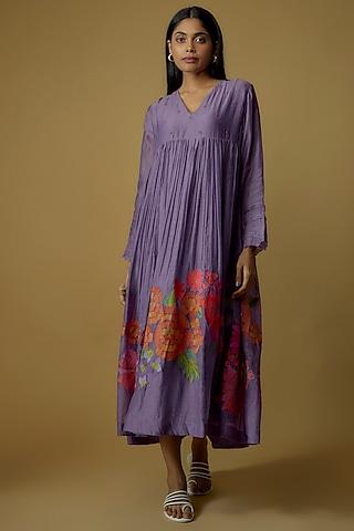 purple chanderi hand embroidered flared dress