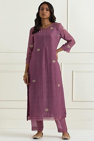 purple chanderi hand embroidered kurta set