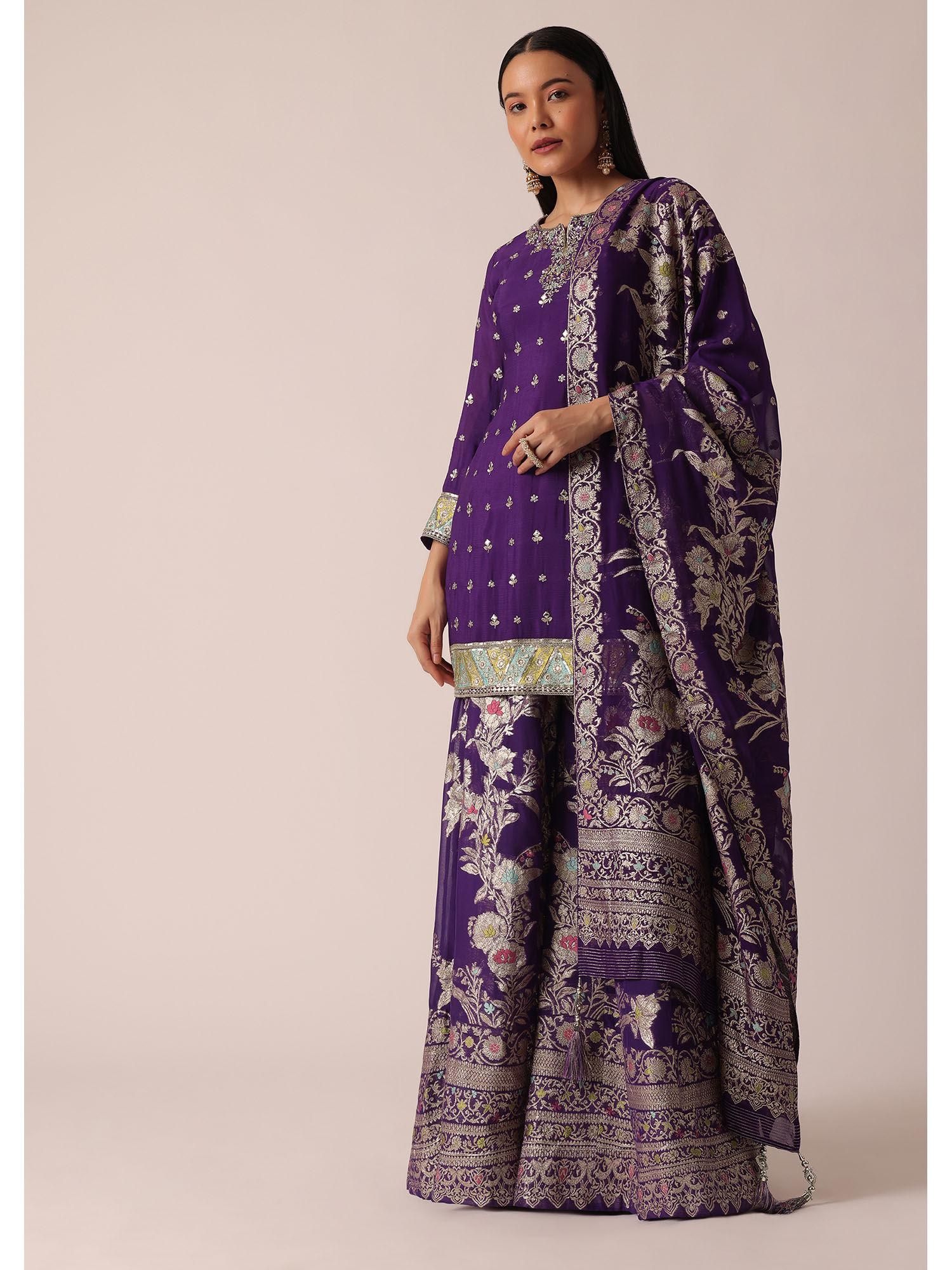 purple chanderi kurta and sharara with cut dana work (set of 3)