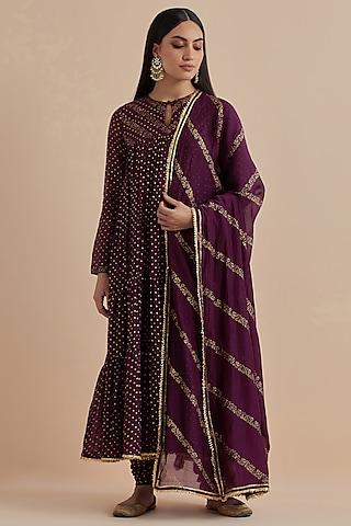 purple chanderi printed anarkali set