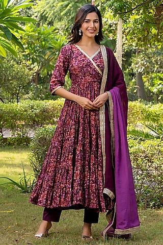 purple chanderi printed angrakha anarkali set