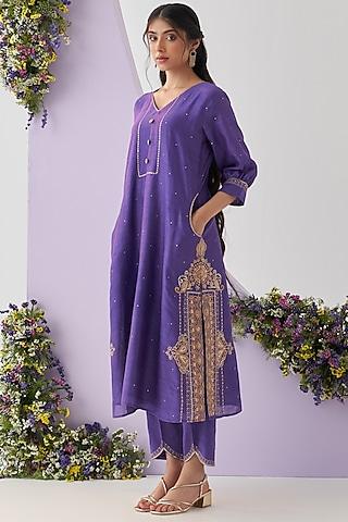 purple chanderi resham embellished kurta set