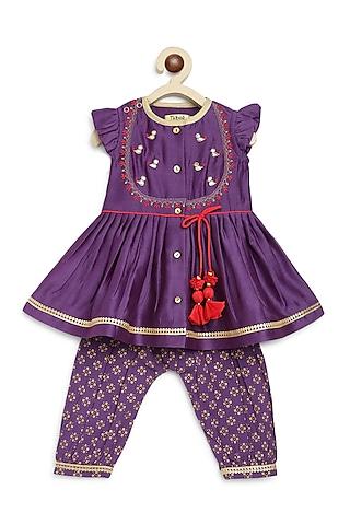 purple chanderi silk embroidered angrakha kurta set for girls