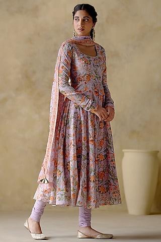 purple chanderi silk floral printed anarkali set