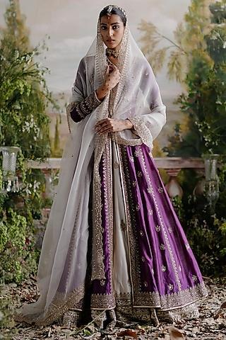 purple chanderi silk hand embellished jacket lehenga set