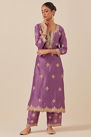 purple chanderi silk hand embroidered kurta set