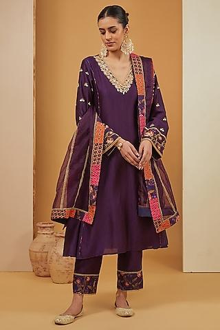 purple chanderi silk hand embroidered kurta set