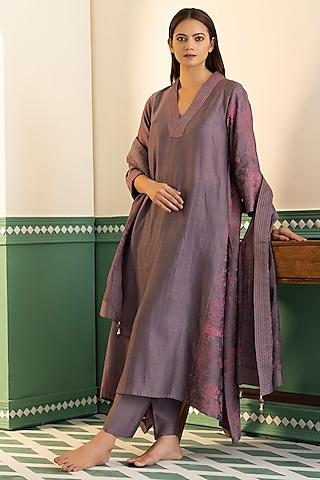 purple chanderi silk printed a-line kurta set