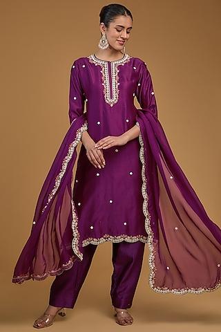 purple chanderi silk thread embroidered kurta set