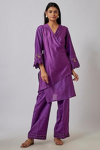 purple chanderi zari embroidered draped kurta set