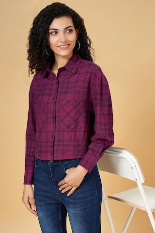 purple check casual full sleeves regular collar women comfort fit  shirt