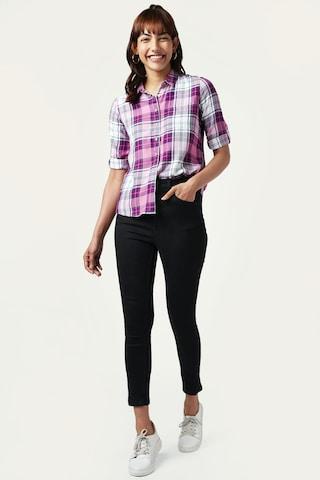 purple check casual full sleeves regular collar women regular fit shirt