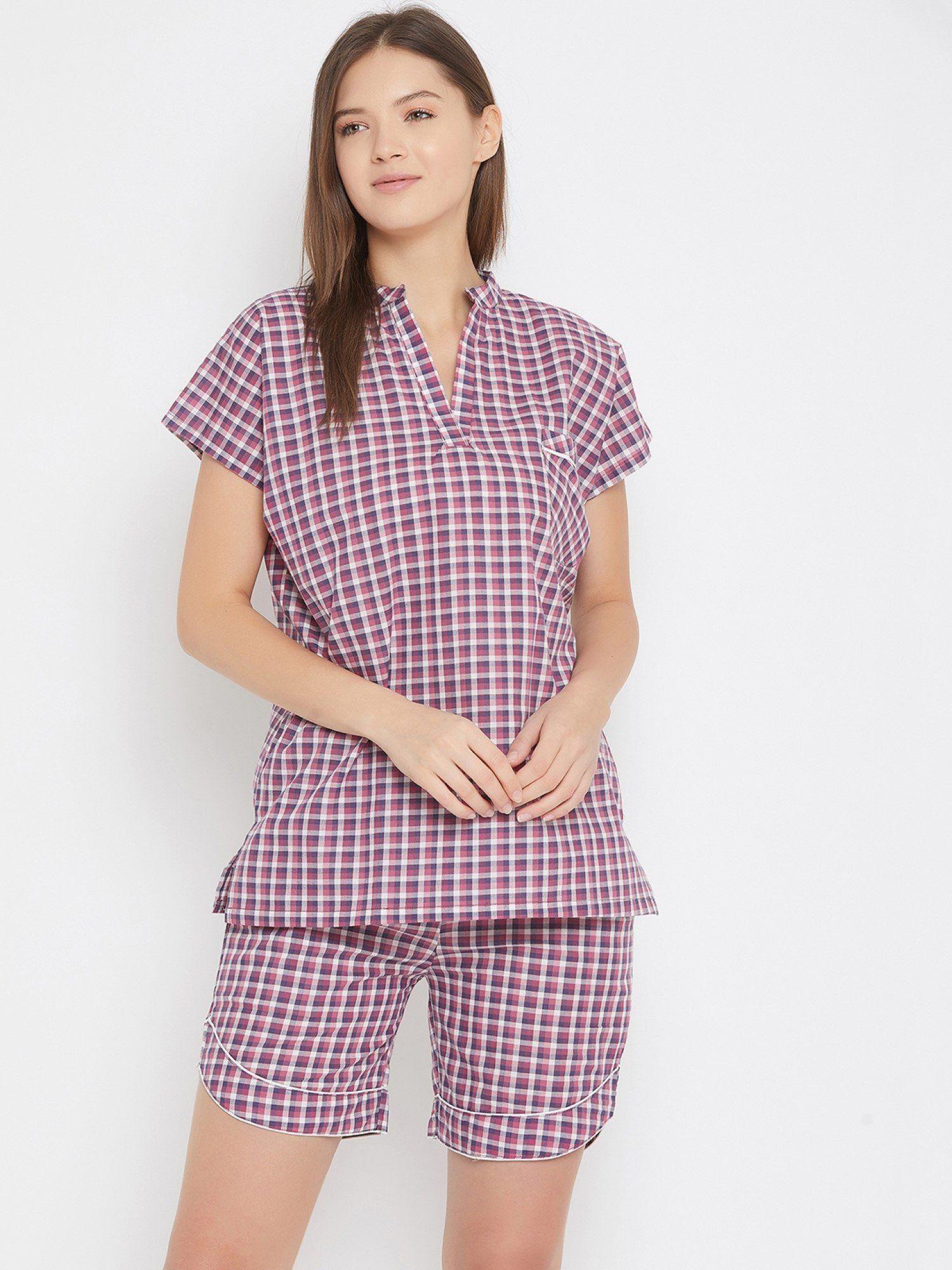 purple checks shorts with top nightwear set (set of 2)