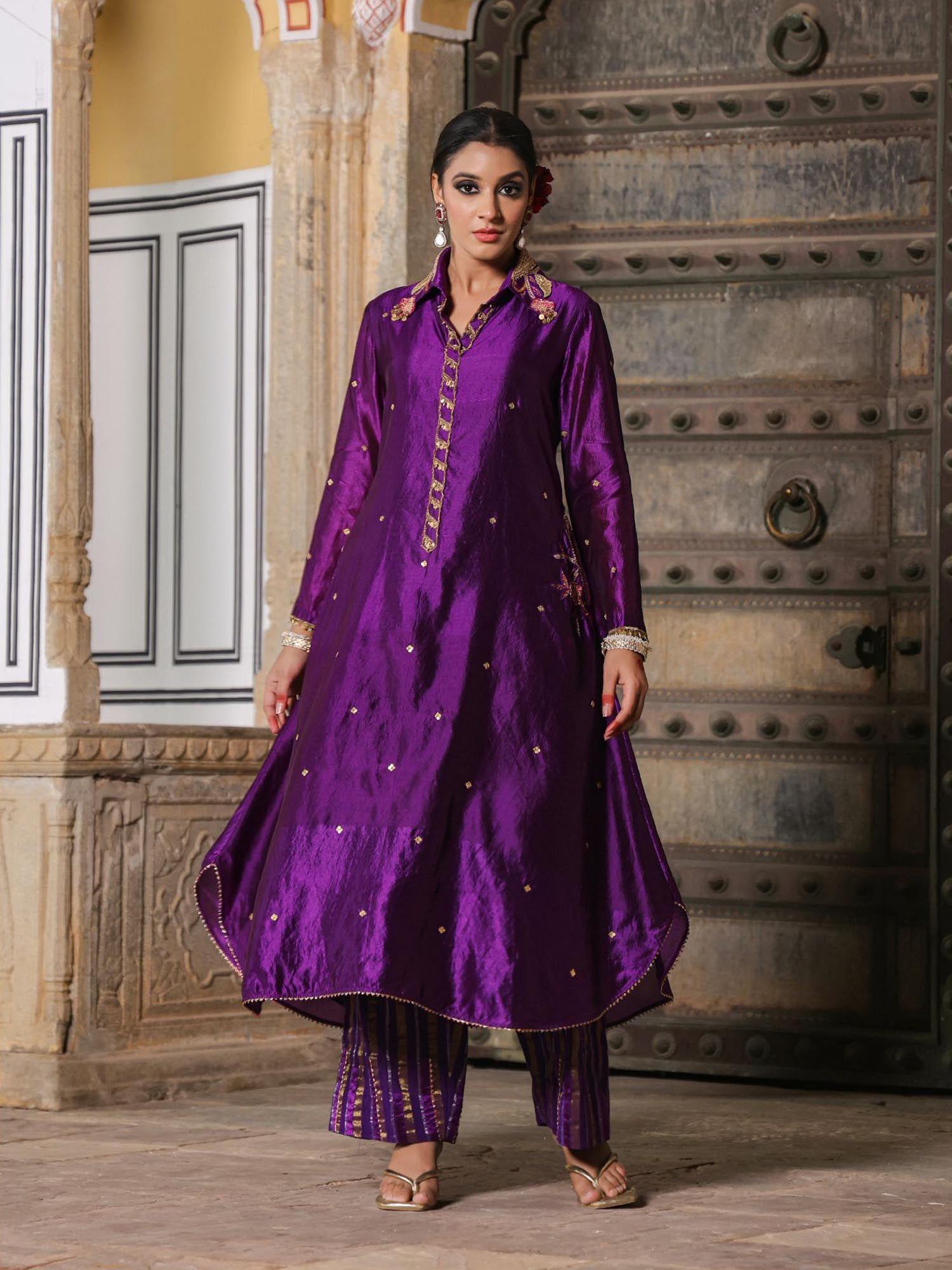 purple cheent embroidery solid collar pocket kurta and palazzo (set of 2)