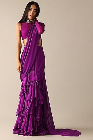 purple chiffon & net ruffled saree set