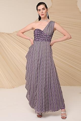 purple chiffon asymmetrical printed & embellished one-shoulder dress