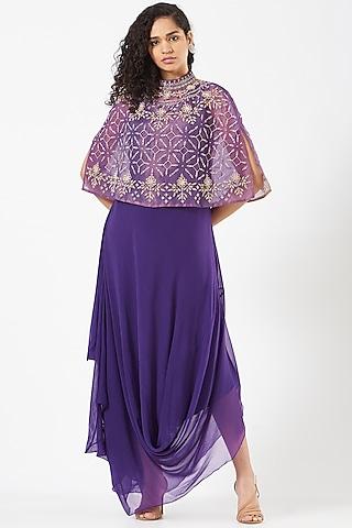 purple chiffon dress with cape