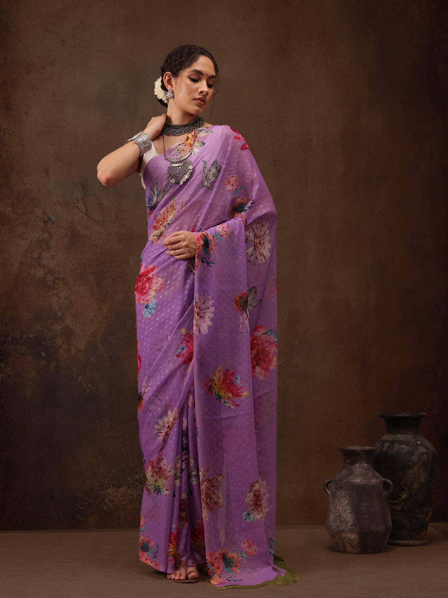 purple chiffon floral digital print floral saree with unstitched blouse